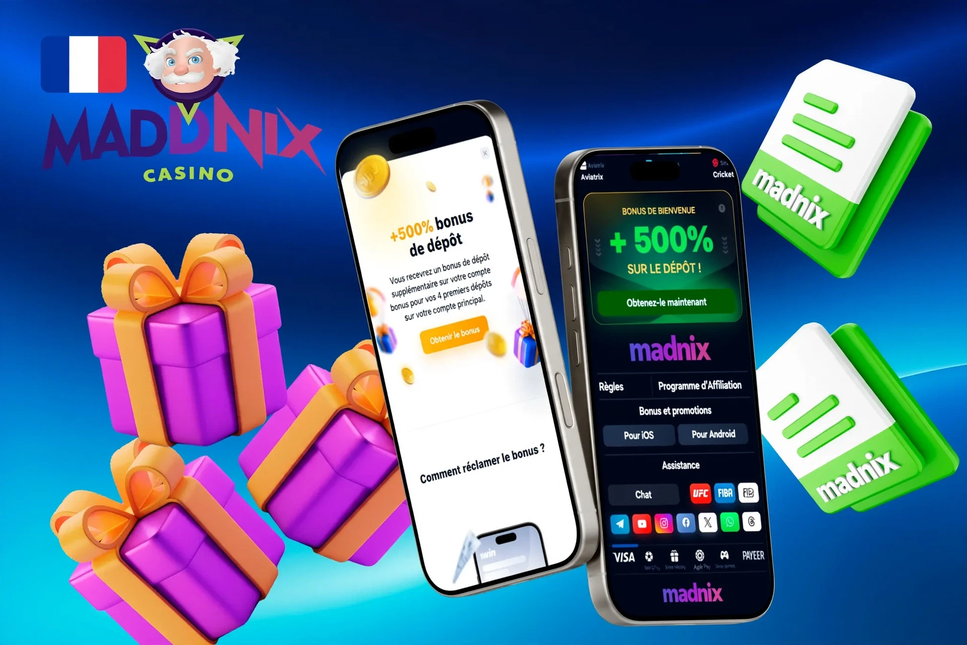 Promotion de l'application mobile Madnix avec bonus de bienvenue de 100% jusqu'à 50 € et illustration d'une boîte cadeau