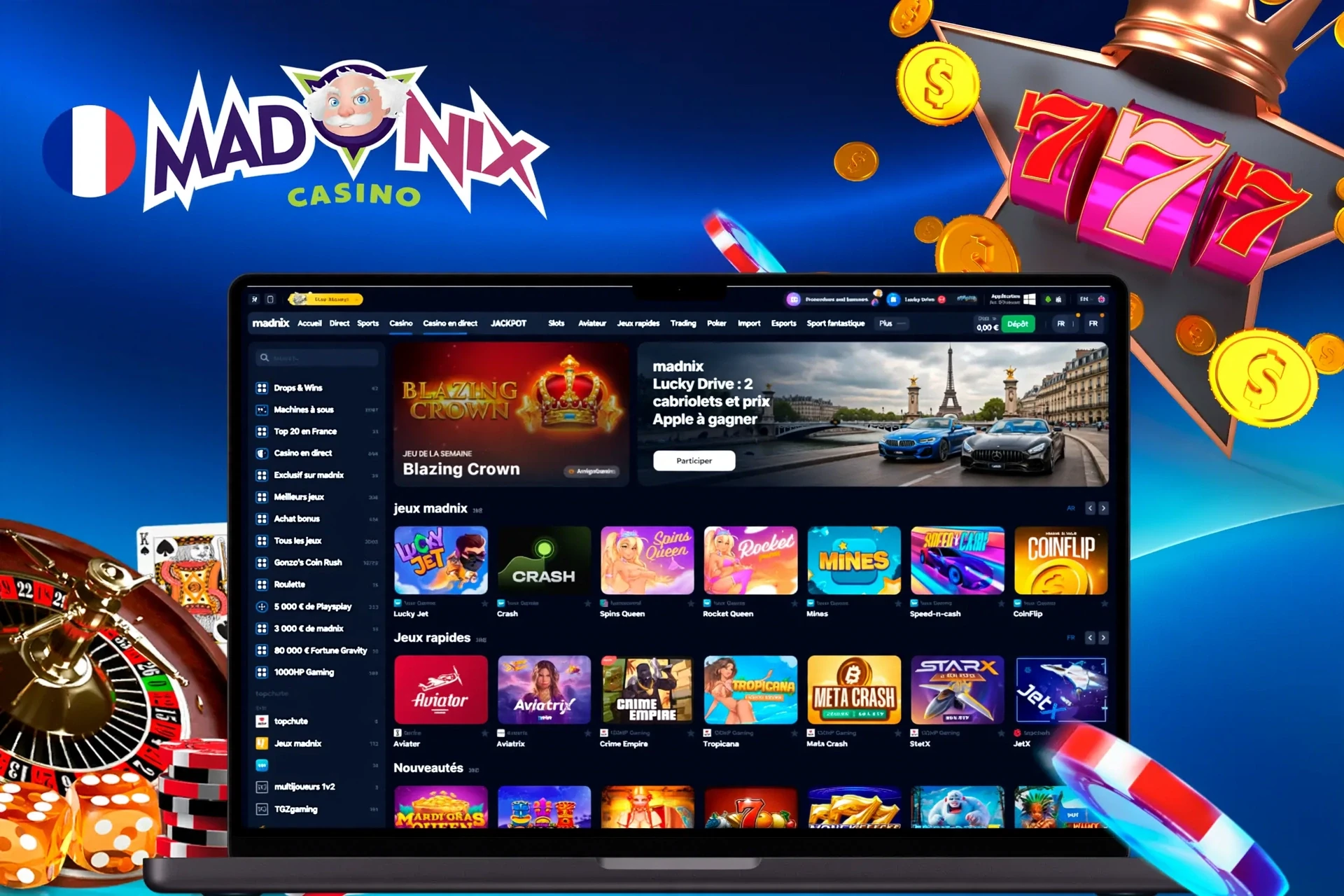 Page d'accueil du casino avec diverses machines à sous et jeux crash, y compris Lucky Jet et Blazing Crown