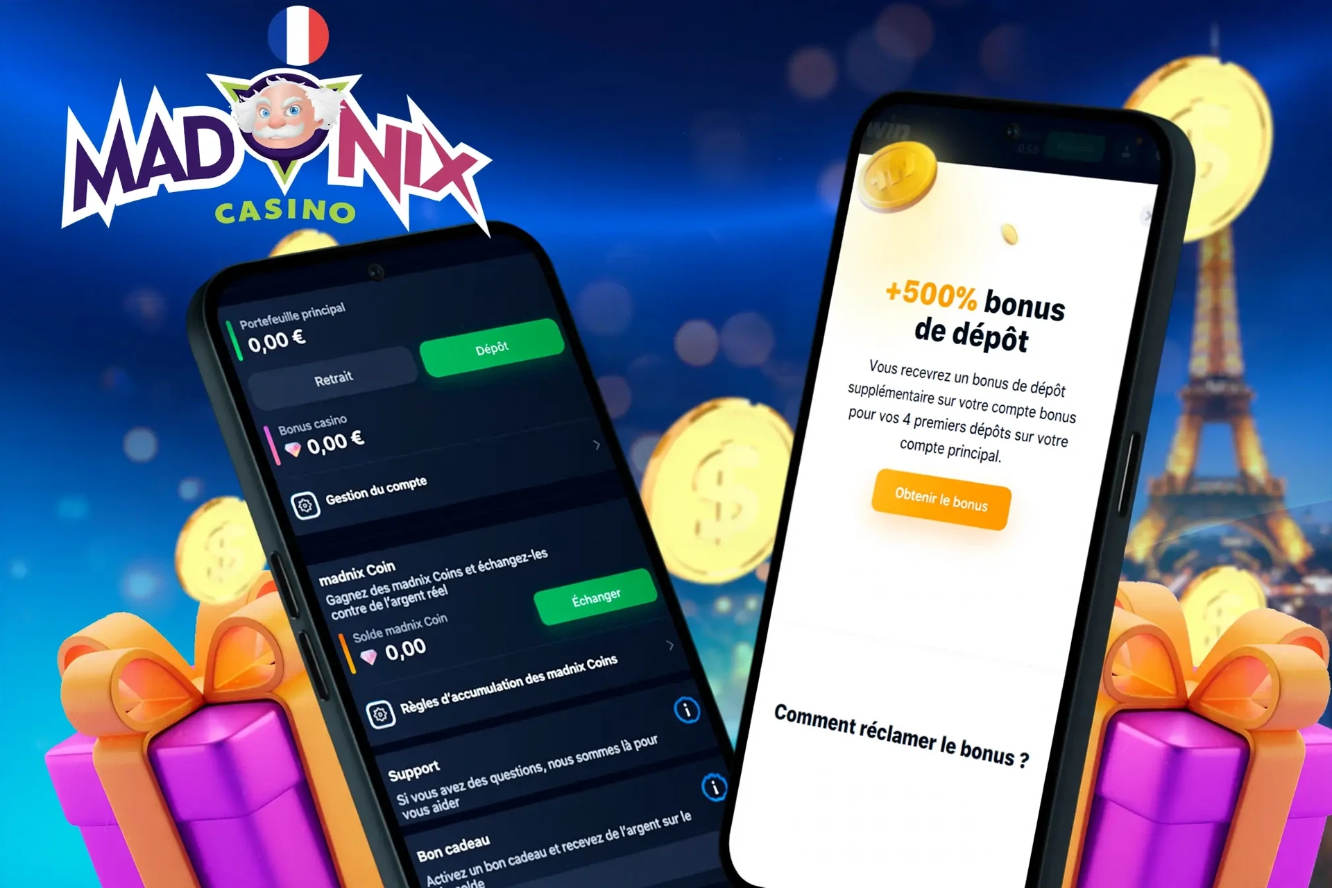 deposit and withdrawal screen showing wallet balance, account management options, and a 500% deposit bonus offer