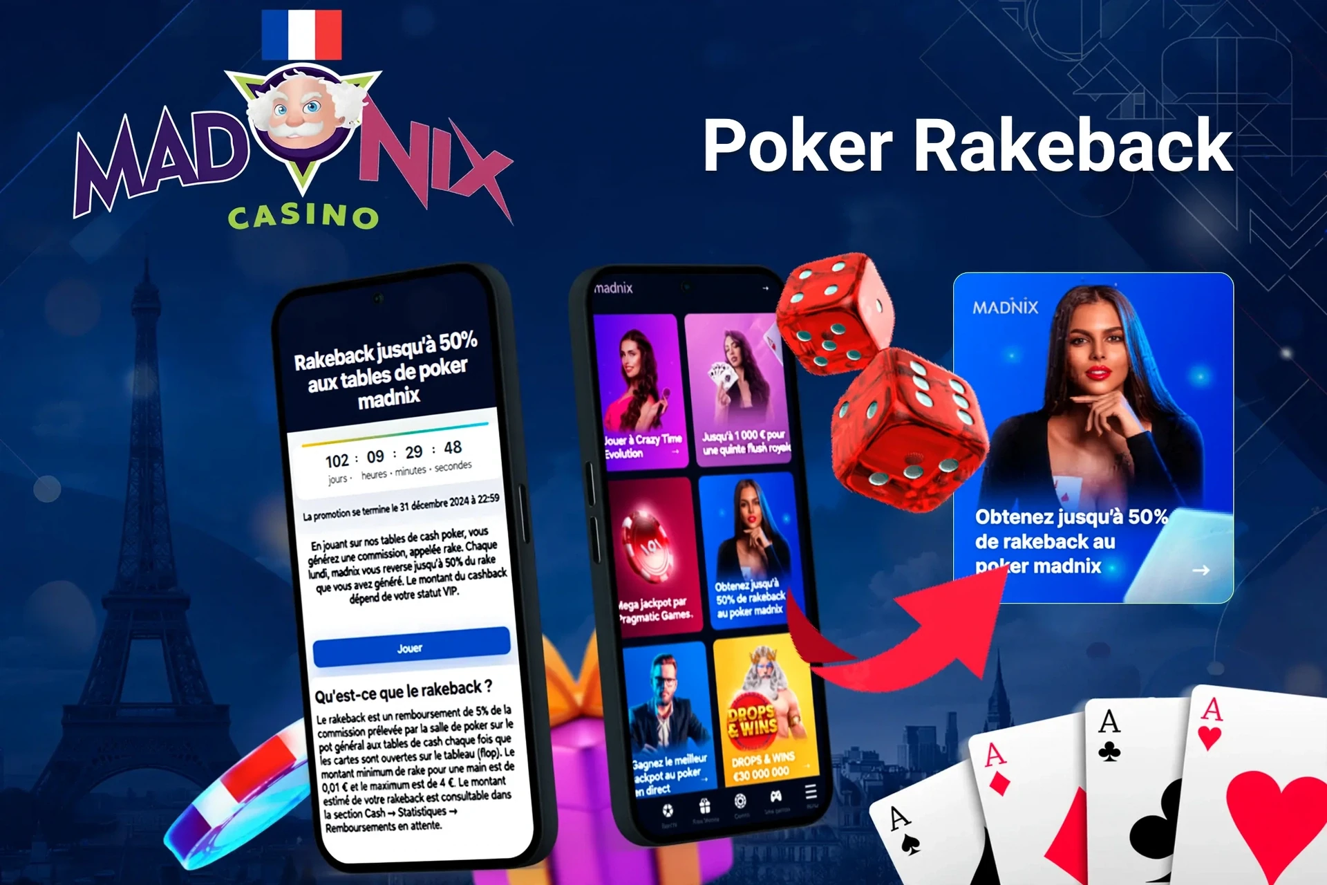 Application mobile avec offre de rakeback poker Madnix jusqu'à 50 %, dés rouges et cartes à jouer