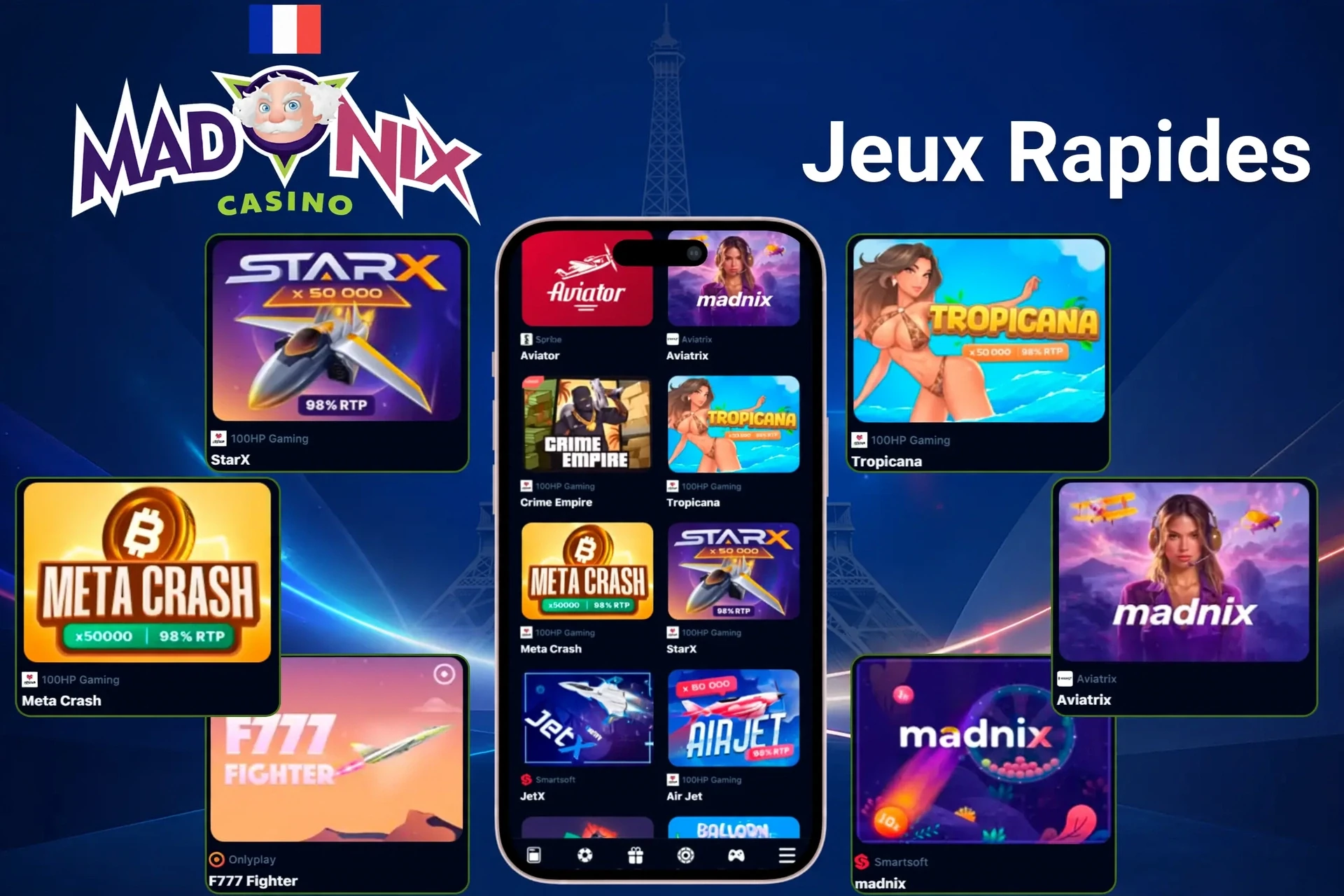 section de jeux rapides avec des titres comme StarX, Tropicana, Meta Crash et PlinkoX mis en avant sur l'application mobile