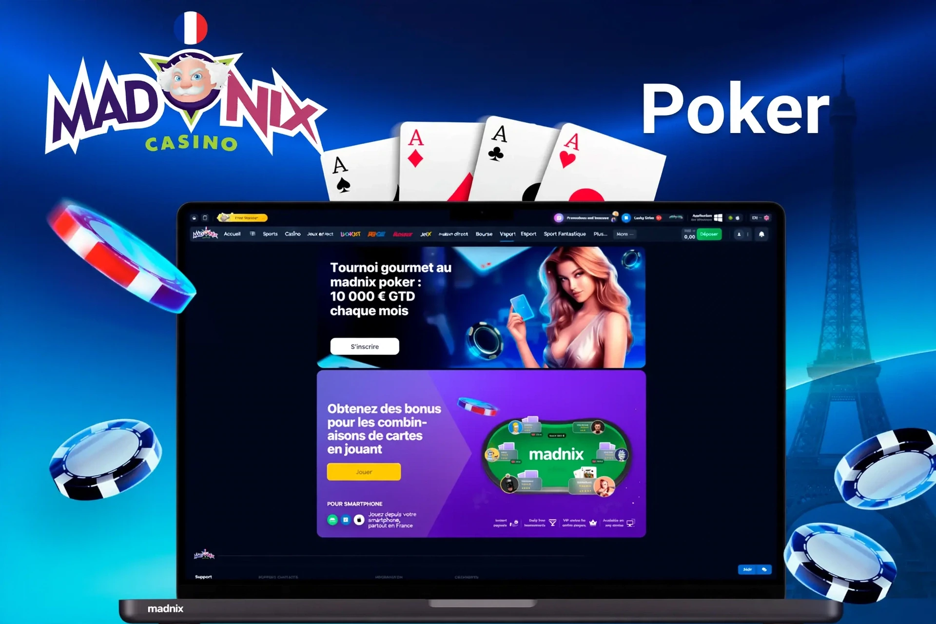 promotion poker Madnix présentant un tournoi gourmet avec un prix garanti de $10,000 et des bonus pour certaines combinaisons de cartes