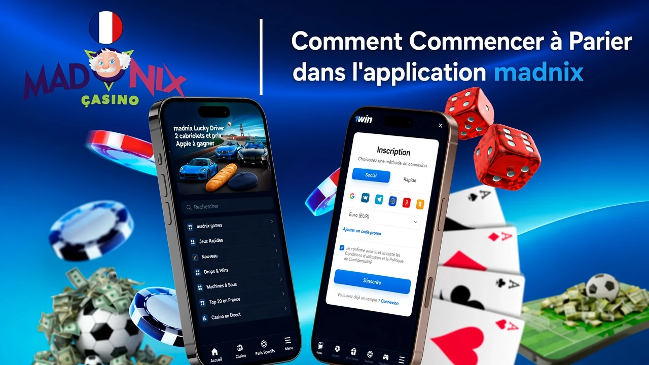 Guide étape par étape pour commencer à parier sur l'application Madnix, avec inscription et sélection d'événements affichées sur des écrans mobiles