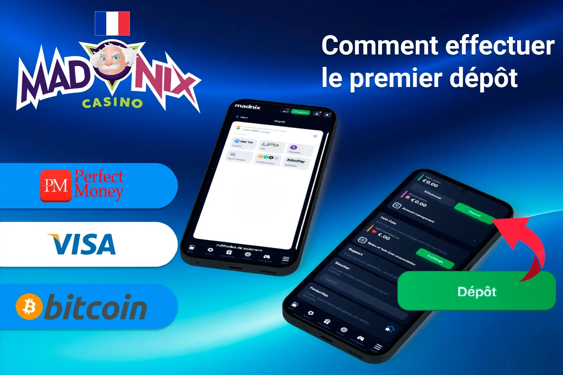 application mobile avec options de dépôt incluant Perfect Money, Visa et Bitcoin, ainsi que bouton de dépôt