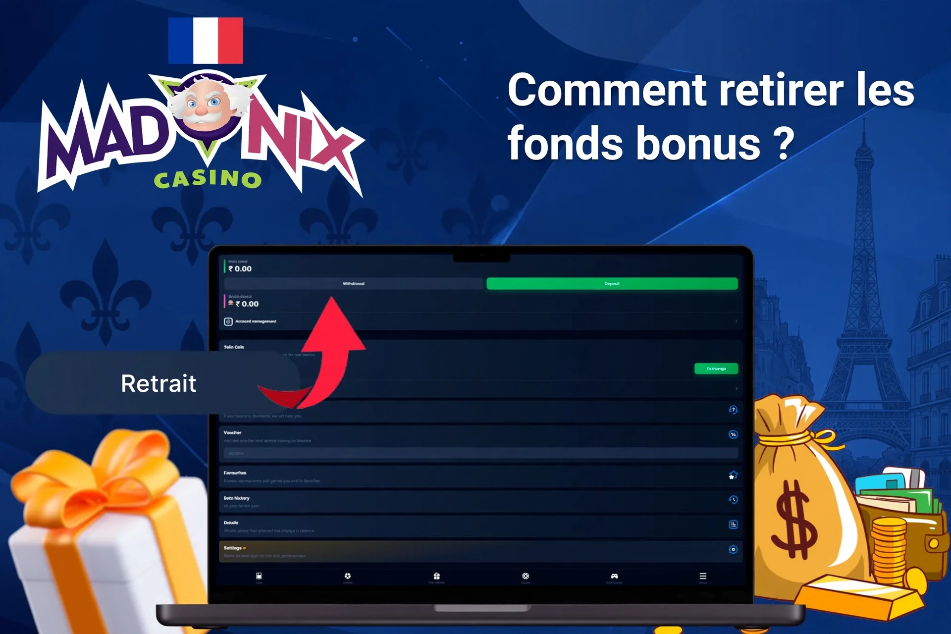 Écran d'ordinateur montrant les options de retrait de Madnix avec sacs d'argent et boîtes-cadeaux en arrière-plan