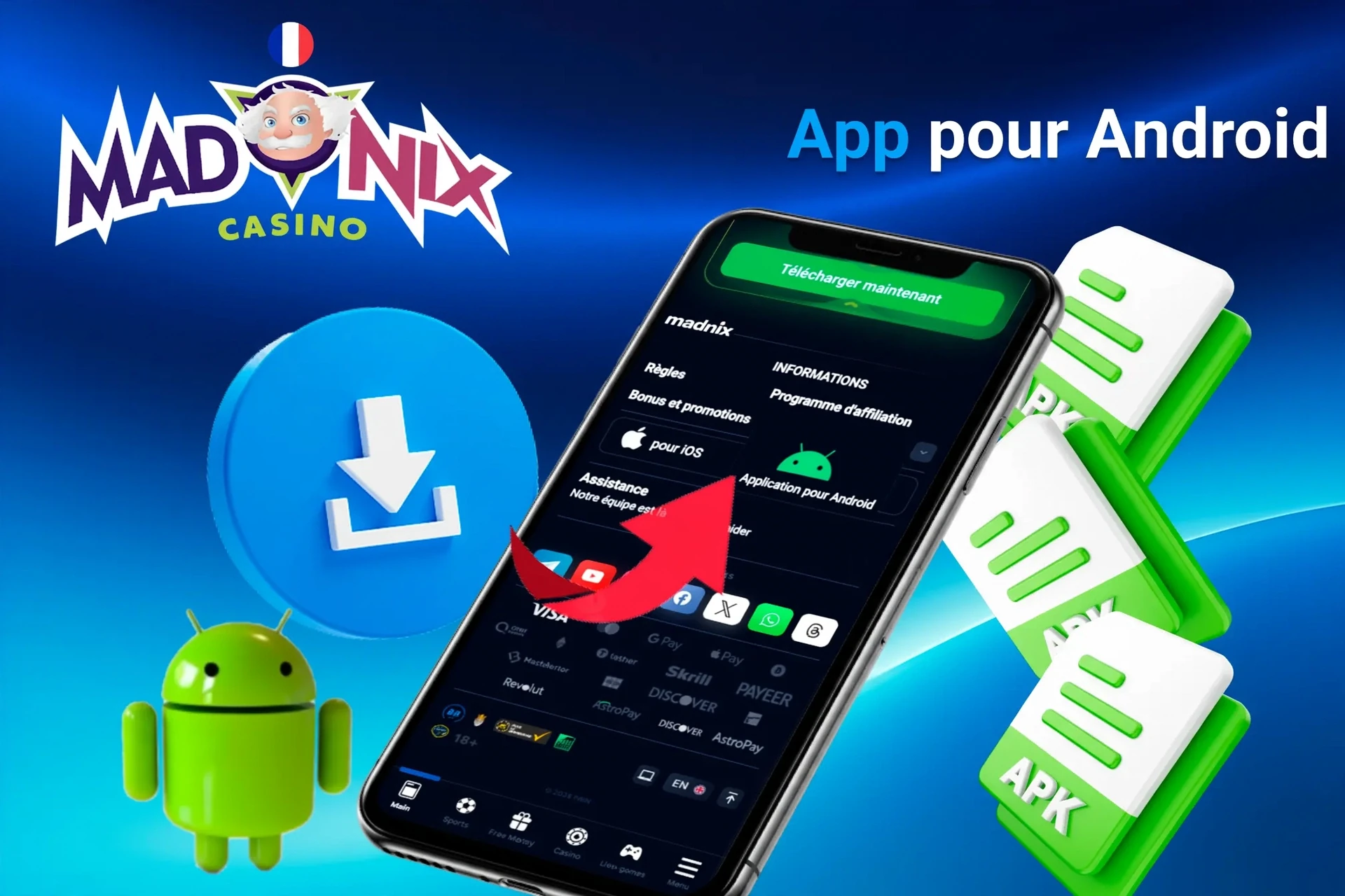 Processus de téléchargement de l'application Android avec icônes de fichier APK et mascotte Android