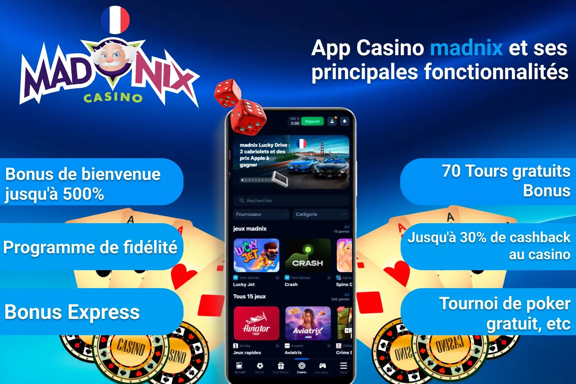 1Win App Casino top features including welcome bonus, loyalty program, and express bonus on mobile interface