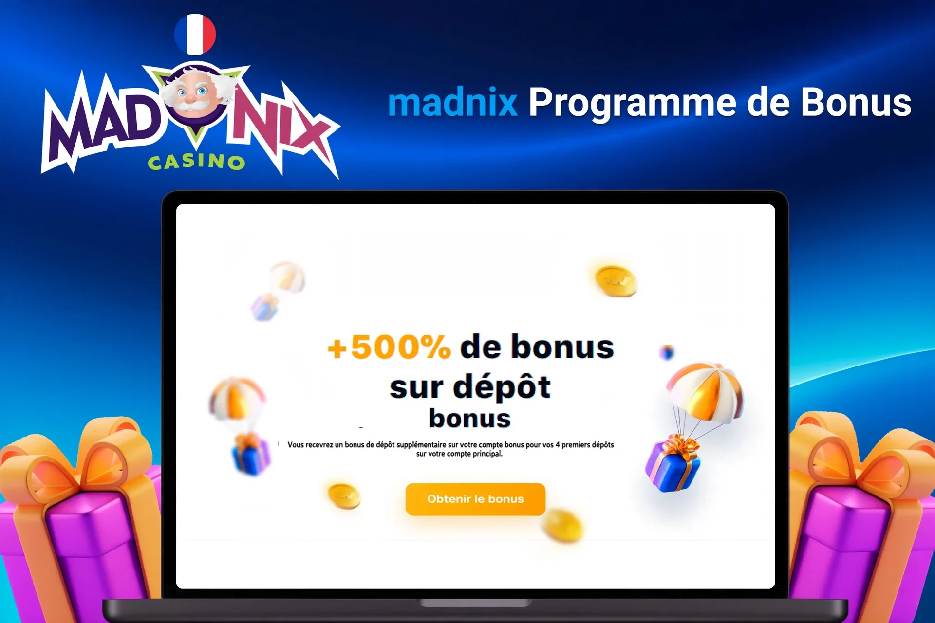 Ordinateur portable montrant une offre de bonus de dépôt +500% avec des pièces et des cadeaux flottants