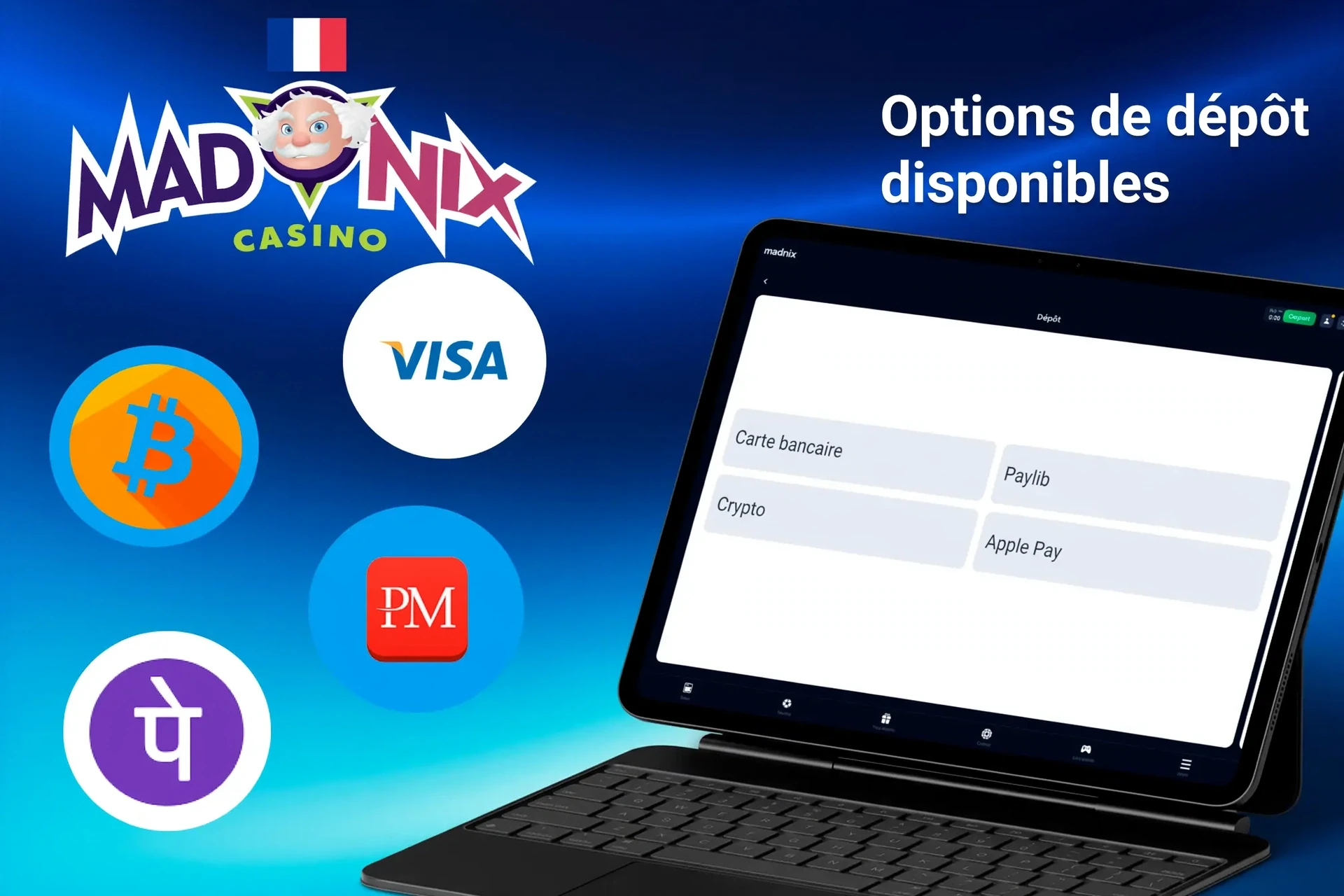 Deposit options available on 1Win platform, including Bitcoin, Visa, PayTM, and Perfect Money, displayed on a tablet