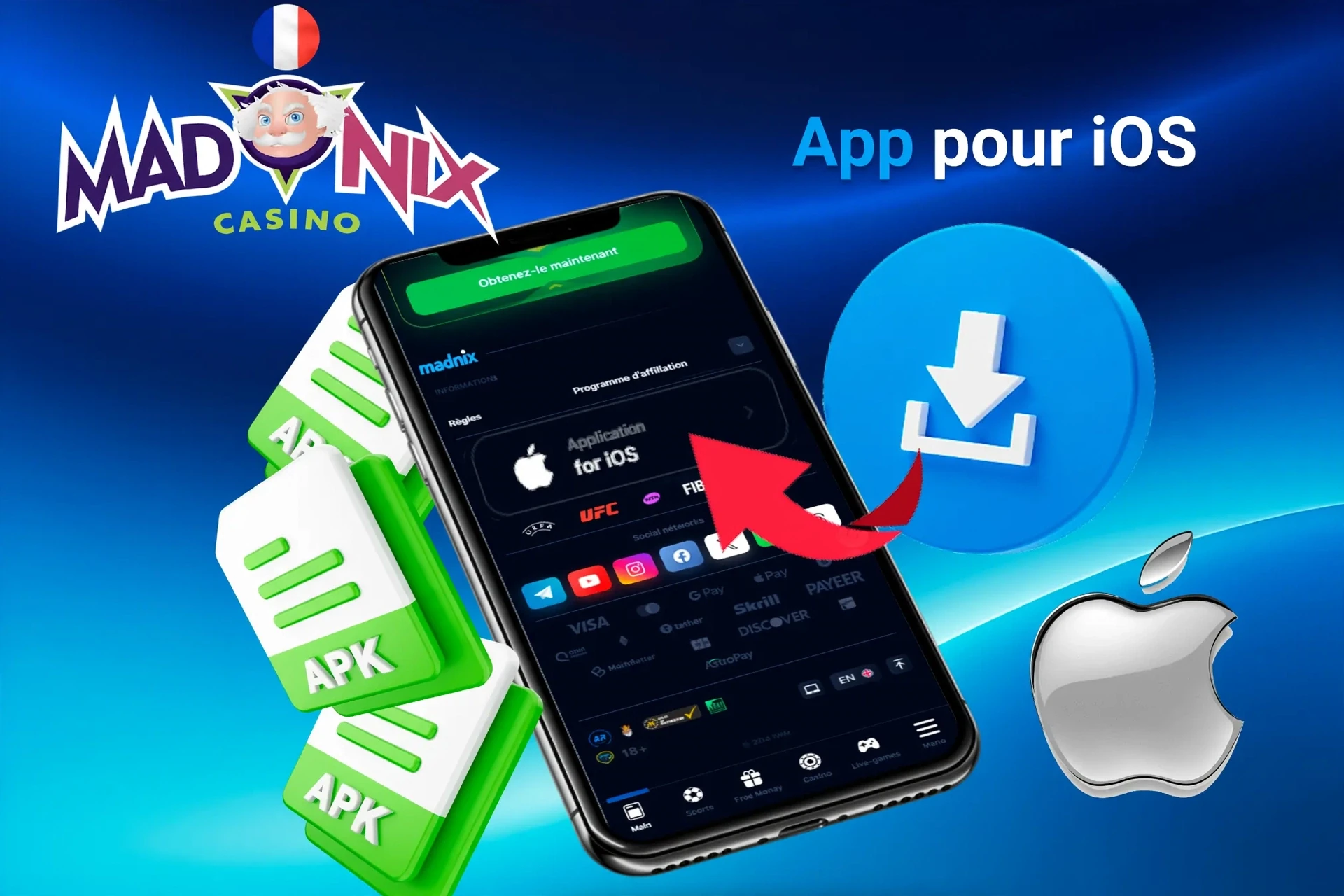 Écran de téléchargement de l'application iOS avec icônes de fichier APK et logo Apple