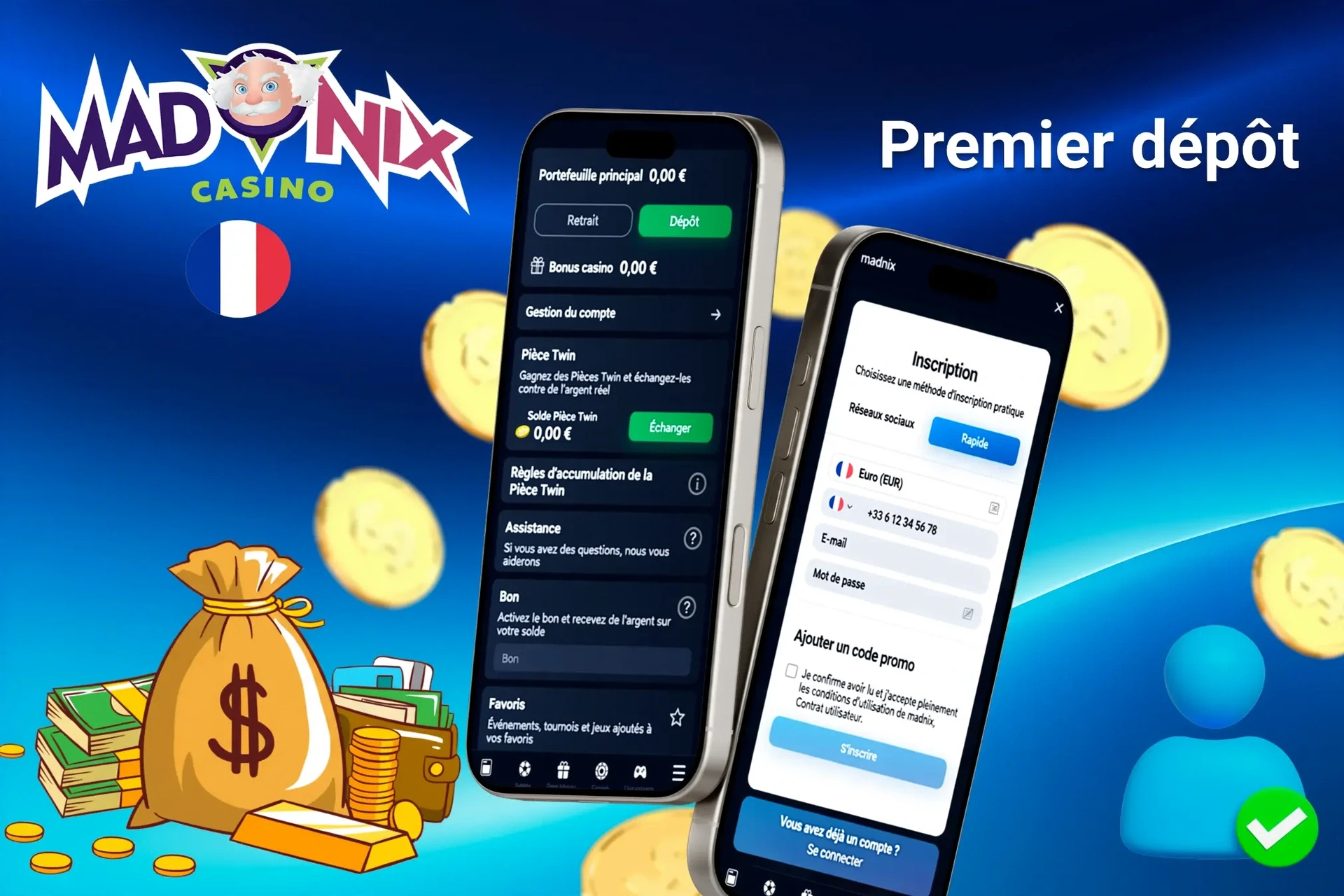 interface mobile montrant les étapes pour effectuer le premier dépôt, avec des icônes pour les options de paiement et l'inscription au bonus