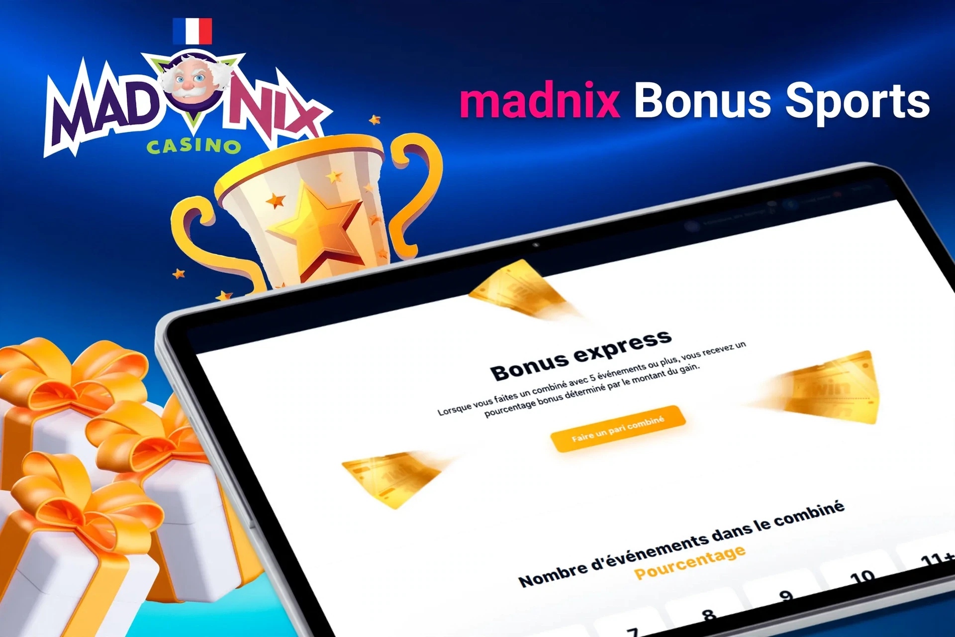 Écran de tablette affichant une offre de bonus express pour les paris sportifs de Madnix, avec un trophée et des boîtes cadeaux.