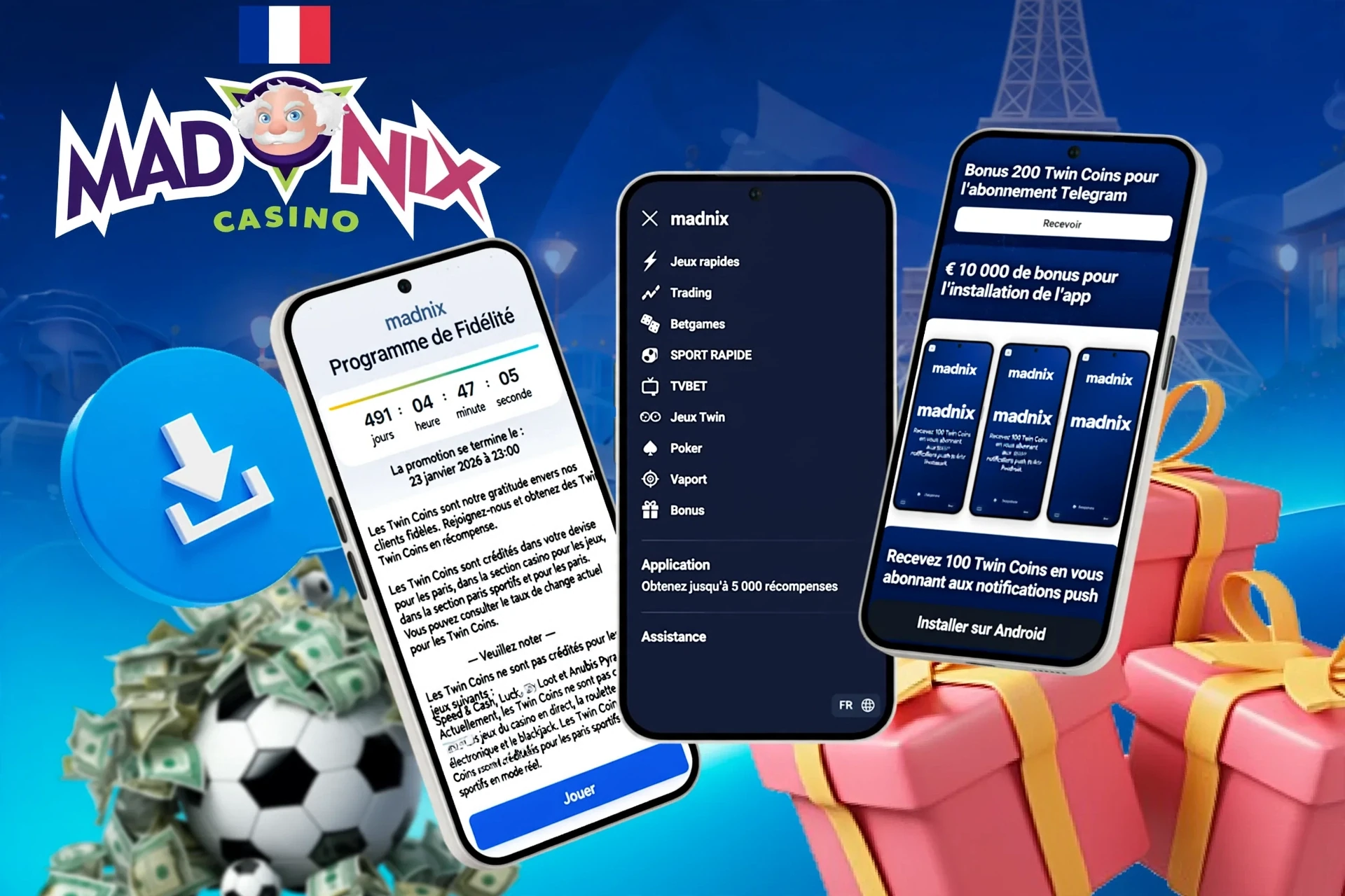 Écrans mobiles montrant le programme de fidélité, le bonus d'installation de l'application et une icône de football avec bouton de téléchargement