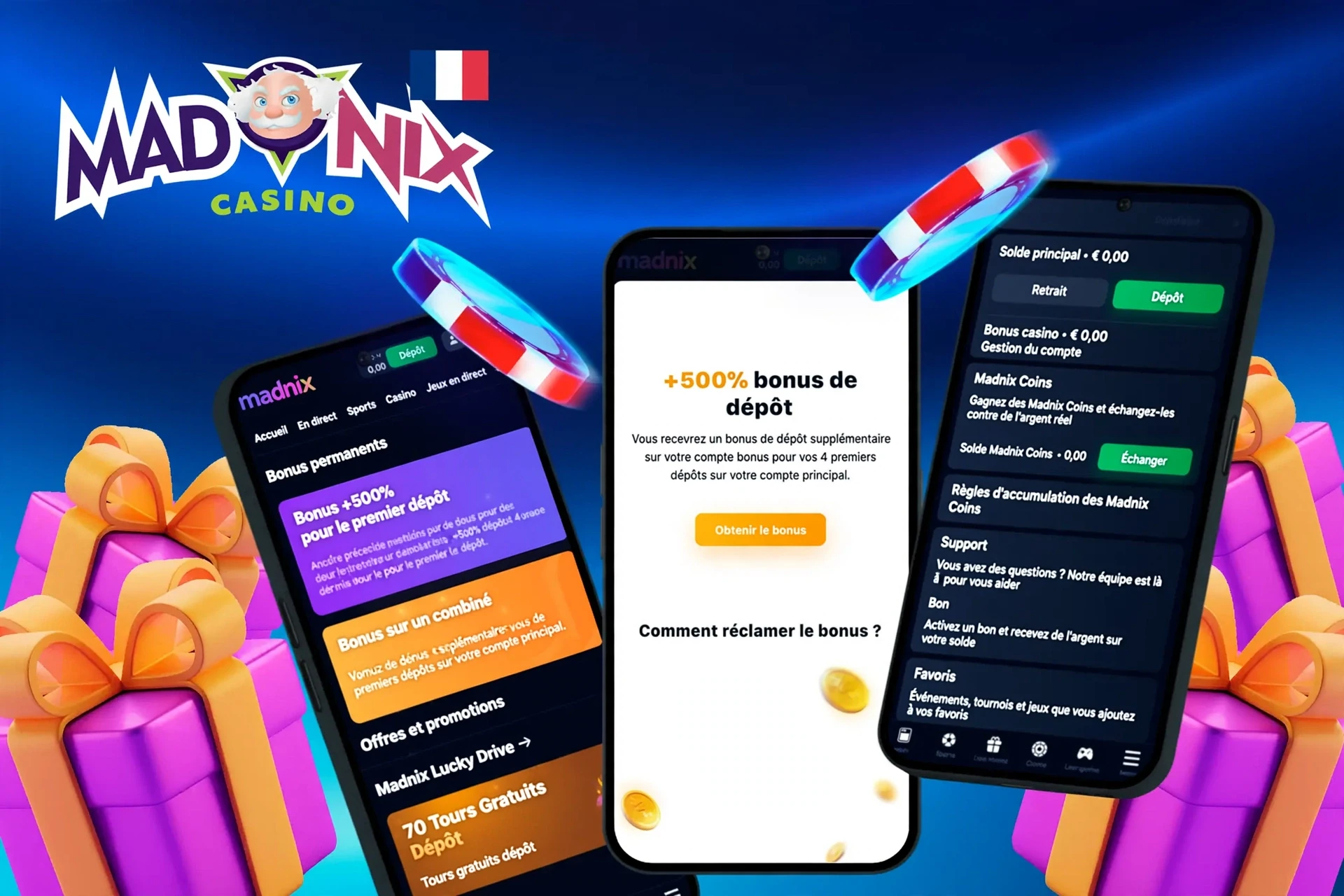 application montrant comment réclamer un bonus de dépôt de 100 % jusqu’à 50 € et 50 tours gratuits sur mobile avec des éléments de jeu colorés