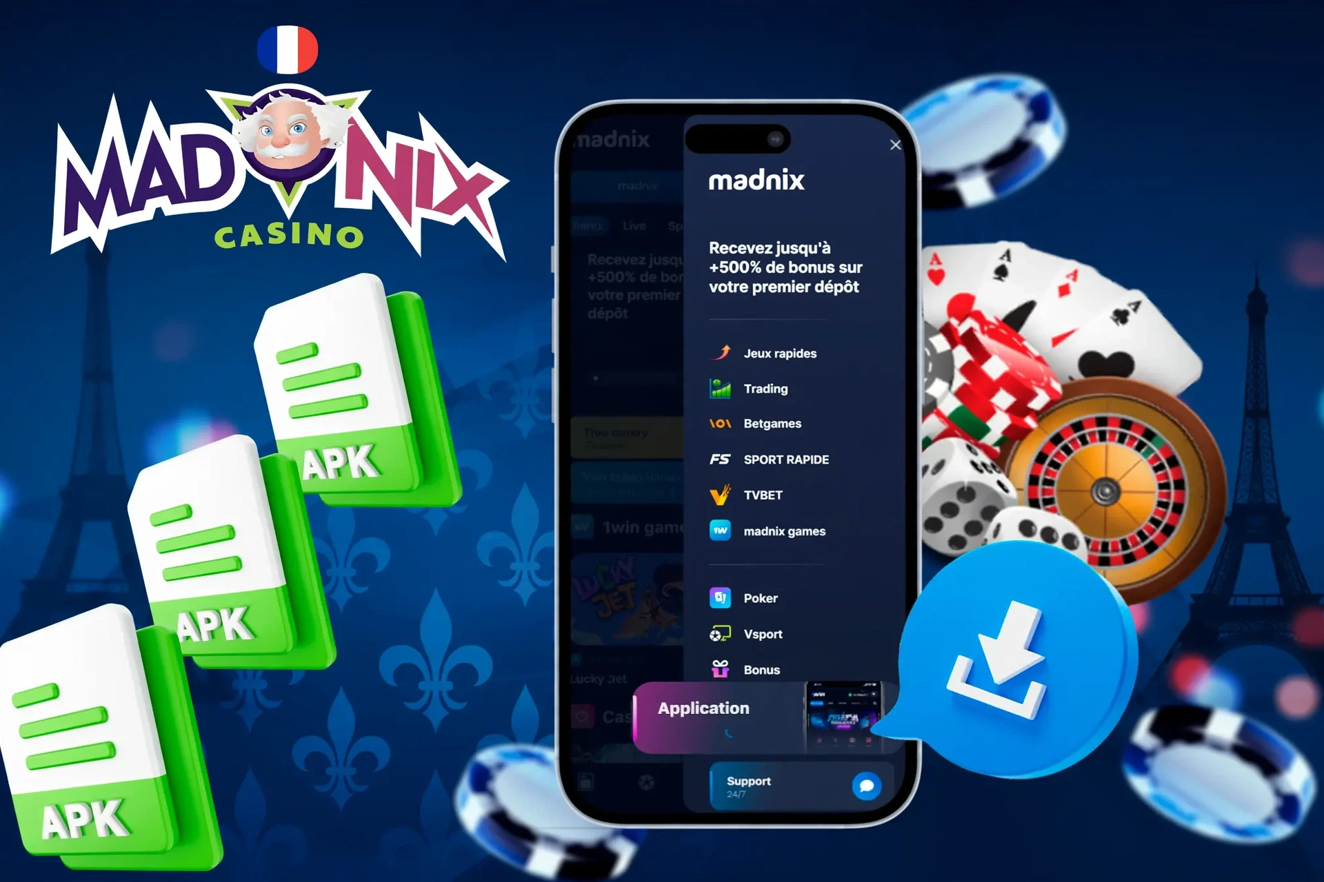 Application Madnix avec icônes de fichier APK et jetons de casino illustrant l’accès mobile aux jeux Madnix