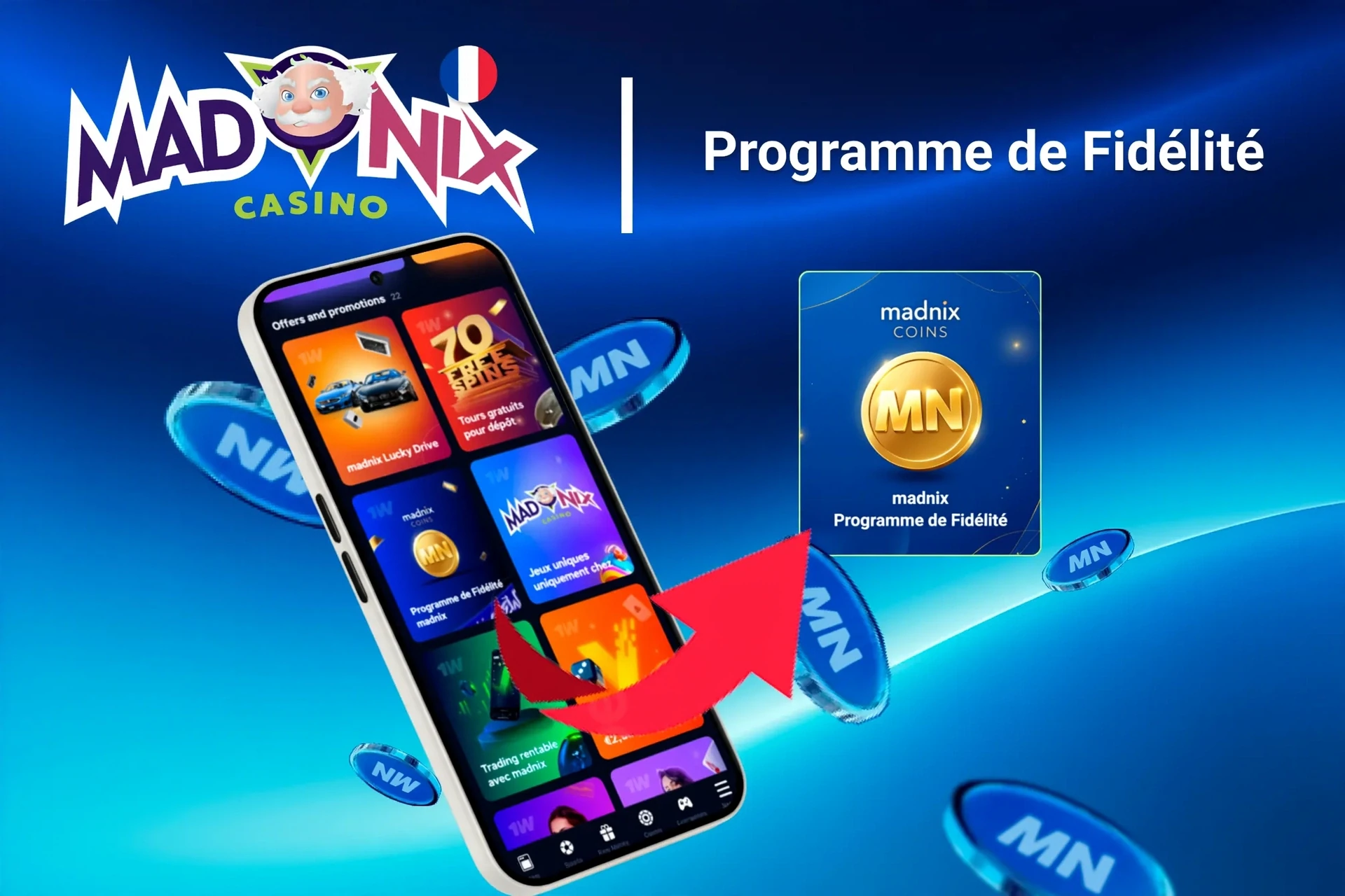 Application mobile montrant le programme de fidélité Madnix et des offres comme des tours gratuits et Lucky Drive.