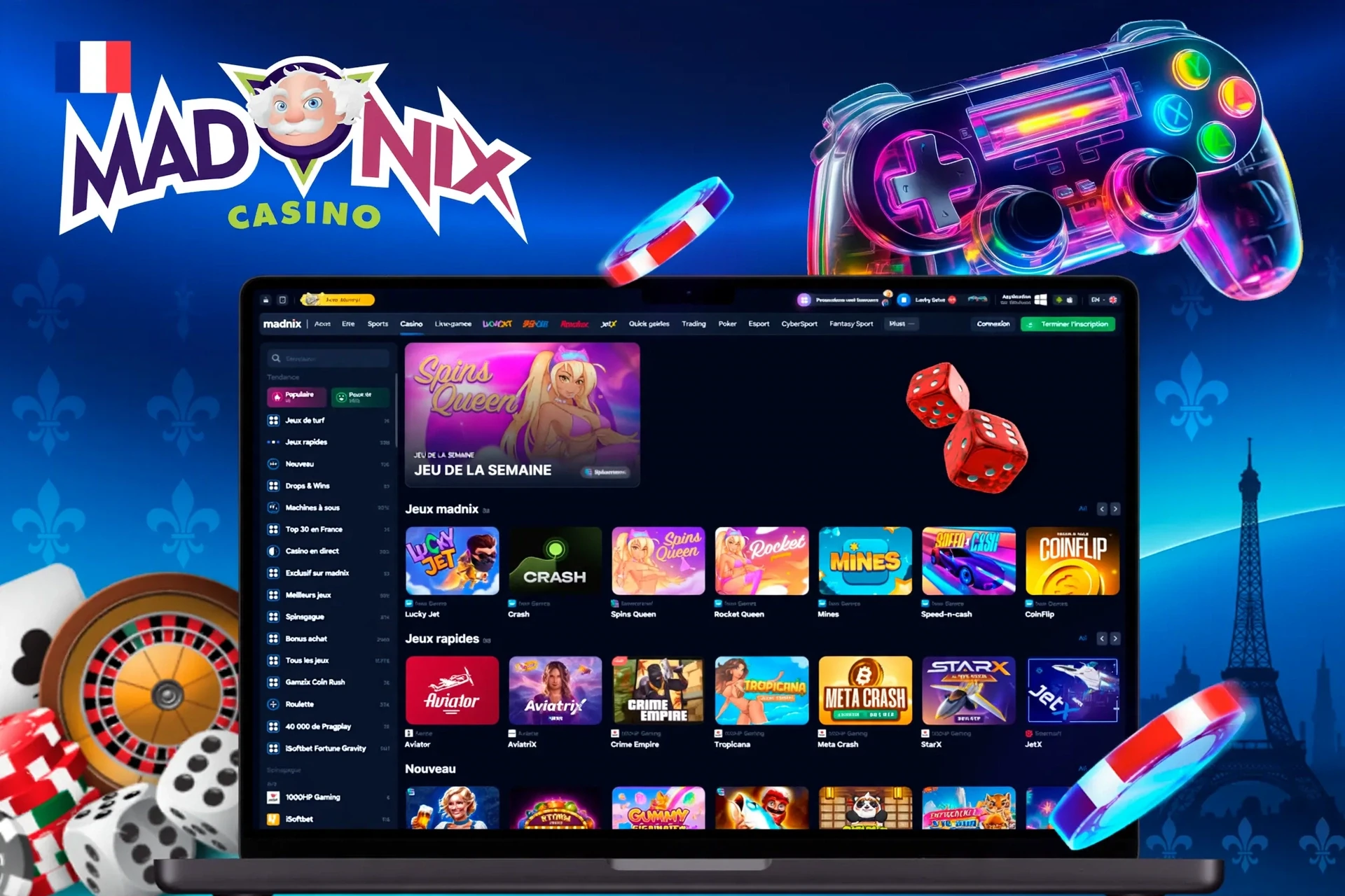 interface d’application montrant une variété de jeux comme Spins Queen, Crash et Rocket Queen avec une icône de manette de jeu vive