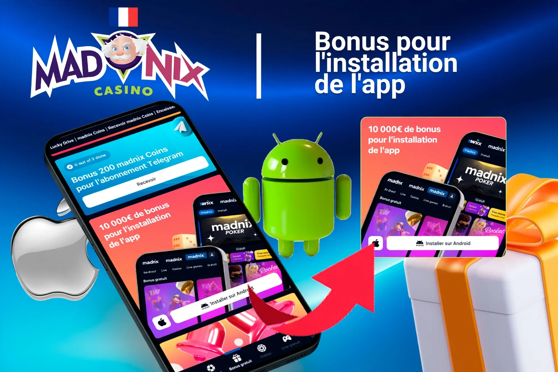 Offre de bonus Madnix pour l'installation de l'application mobile avec logos Android et Apple, et coffrets cadeaux
