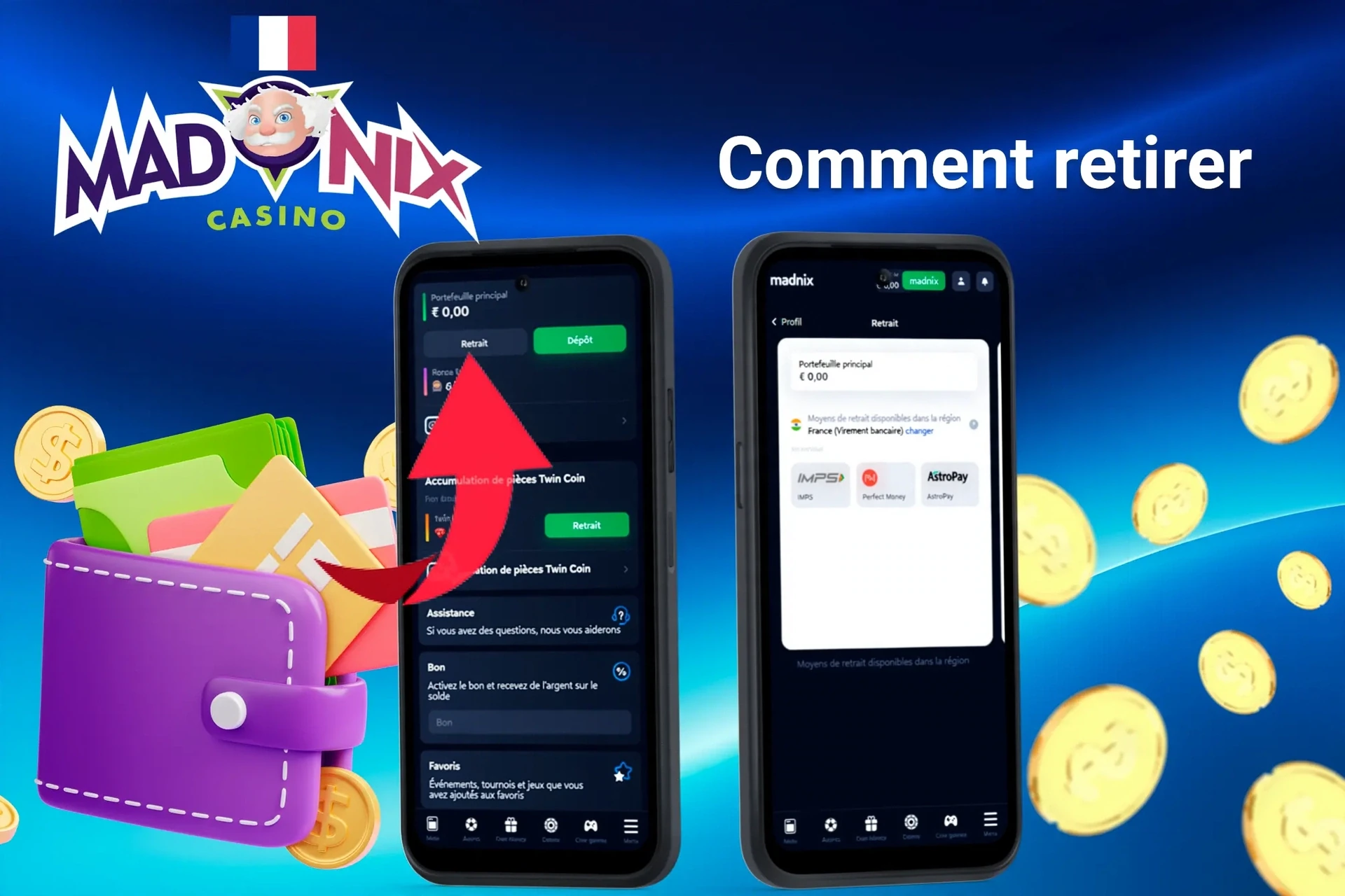 interface mobile montrant le processus de retrait avec une flèche pointant vers les options de retrait et le solde disponible du portefeuille