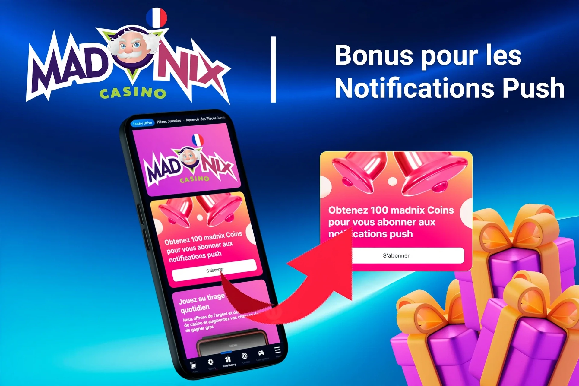application mobile montrant des offres de bonus et promotions avec pièces et visuels de poker