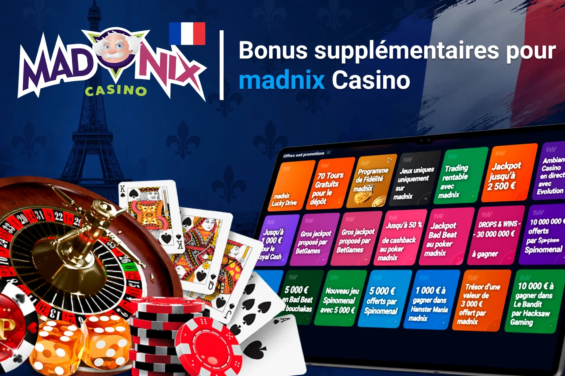 Application mobile montrant des offres de jeux de casino comme programme de fidélité et tours gratuits avec jetons et cartes